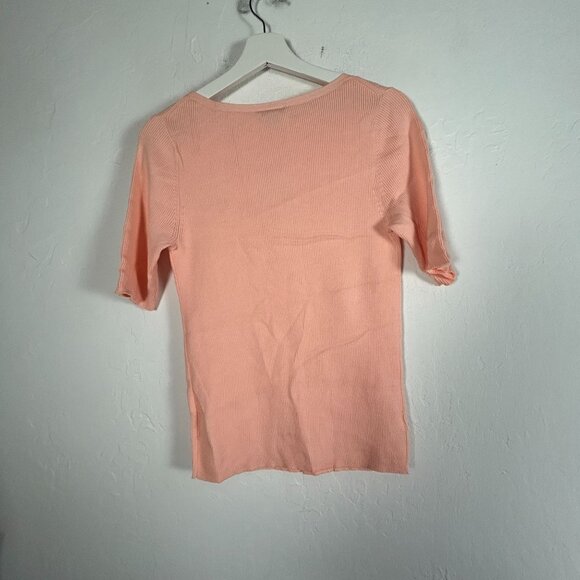 Ann Taylor Factory Womens Ribbed Knit Top Large Pink Short Sleeve Pullover New - Picture 2 of 9